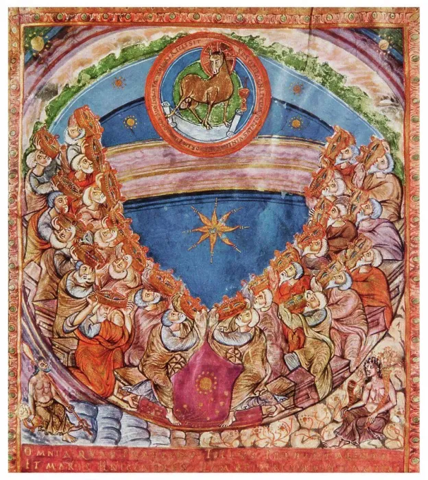 Framed Print : 9th Century Illuminated Manuscript Print of The Adoration of the Lamb Framed Print : 9th Century Illuminated Manuscript Print of The Adoration of the Lamb
