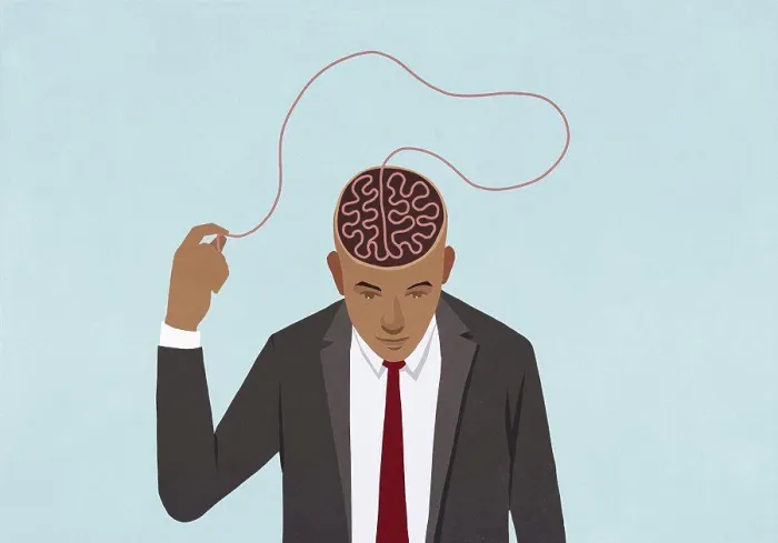 Framed Print : Businessman Pulling at Brain String Print Framed Print : Businessman Pulling at Brain String Print