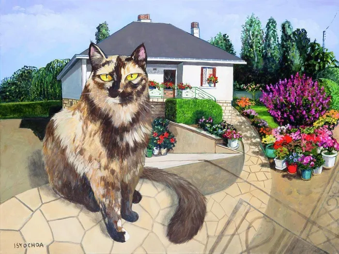 Framed Print : Charming Cat Garden Print