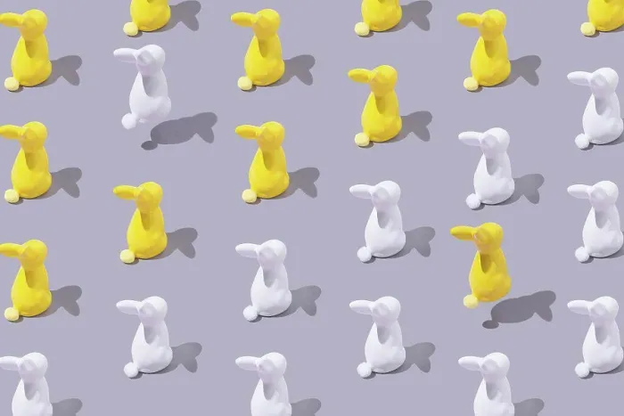 Framed Print : Yellow and White Plastic Bunny Print on Grey Background Framed Print : Yellow and White Plastic Bunny Print on Grey Background