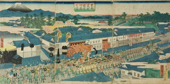 Framed Print : Daimyo Procession Print, a triptych color woodblock print Framed Print : Daimyo Procession Print, a triptych color woodblock print
