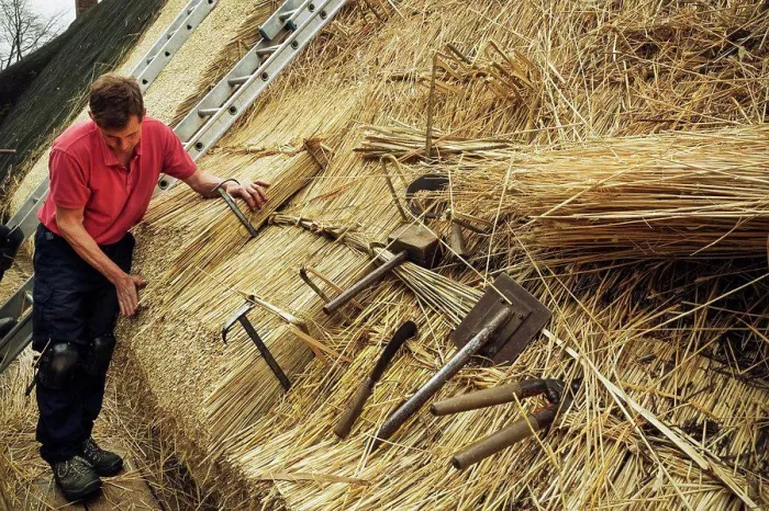 Framed Print : Man Thatching a Roof Print Framed Print : Man Thatching a Roof Print