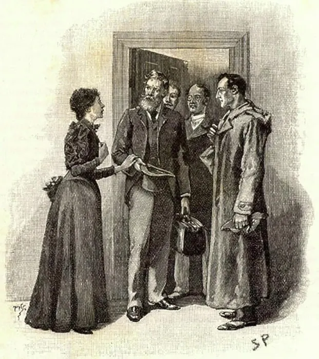 Framed Print : Print of Mrs Straker, widow inquiring about her husband's killer Framed Print : Print of Mrs Straker, widow inquiring about her husband's killer