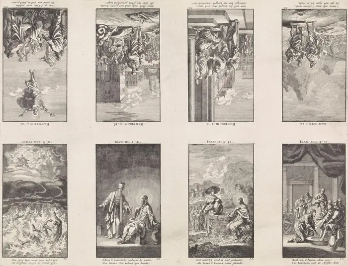 Framed Print : Eight New Testament scenes on a leaf Print, etching on paper Framed Print : Eight New Testament scenes on a leaf Print, etching on paper