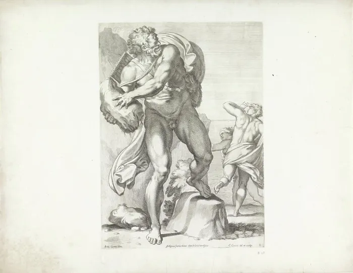 Framed Print : Polyphemus throws a stone at Acis, an etched print Framed Print : Polyphemus throws a stone at Acis, an etched print