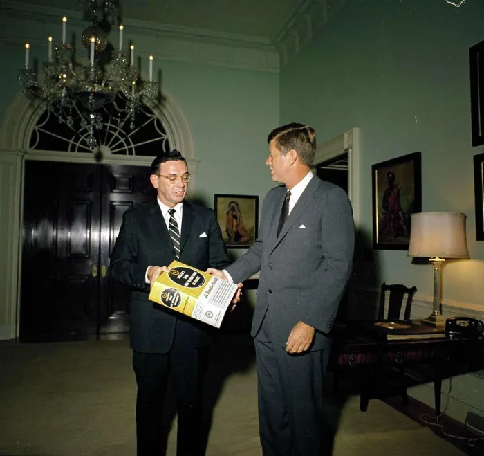 Framed Print : Print of Representative Edward Boland presenting Webster's Dictionary to President Kennedy