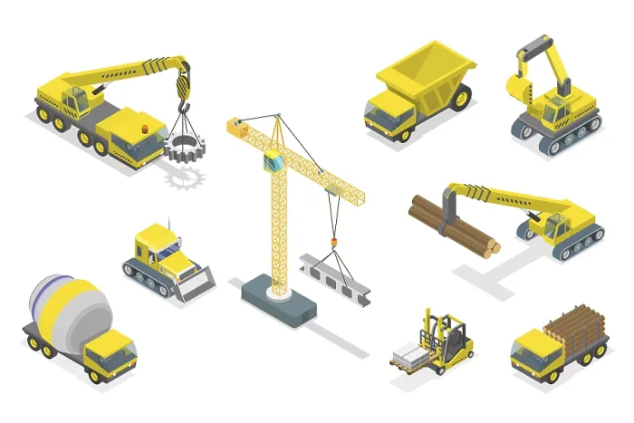 Framed Print : 3D Isometric Flat Print of Construction Equipment Framed Print : 3D Isometric Flat Print of Construction Equipment