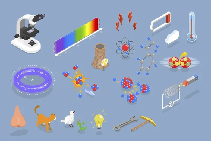 Framed Print : 3D Isometric Print of Physics Items and Science Elements Framed Print : 3D Isometric Print of Physics Items and Science Elements