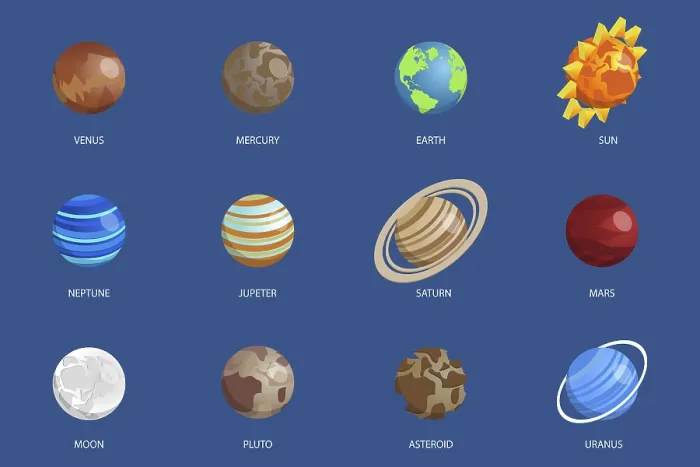 Framed Print : 3D Isometric Flat Vector Print of Solar System Planets Framed Print : 3D Isometric Flat Vector Print of Solar System Planets