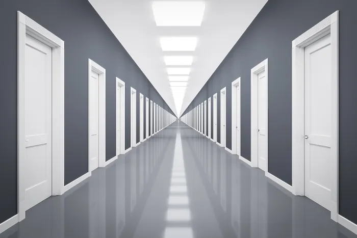 Framed Print : Endless Corridor with White Doors Print Framed Print : Endless Corridor with White Doors Print
