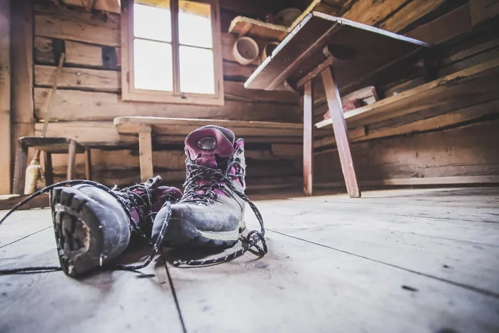 Framed Print : Alpine Boots in a Rustic Mountain Chalet Print, Austria Framed Print : Alpine Boots in a Rustic Mountain Chalet Print, Austria