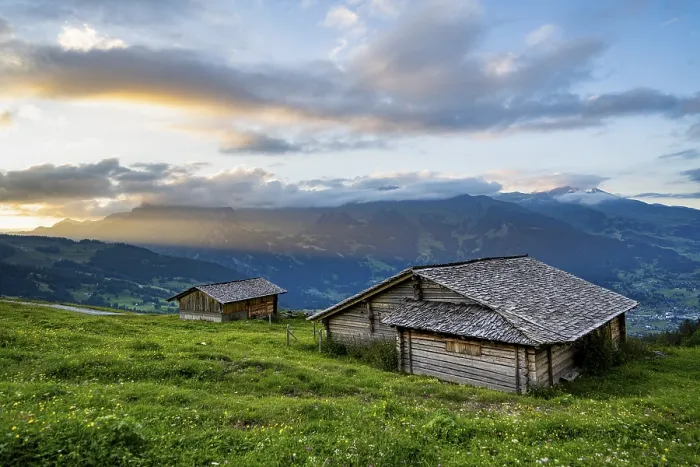 Framed Print : Alpine Huts and Meadows Print, Grindelwald, Switzerland