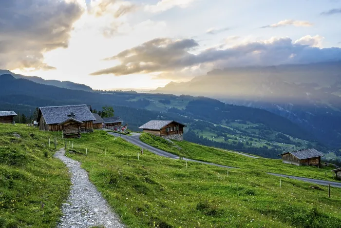 Framed Print : Alpine Huts and Meadows Print, Bernese Oberland, Switzerland Framed Print : Alpine Huts and Meadows Print, Bernese Oberland, Switzerland