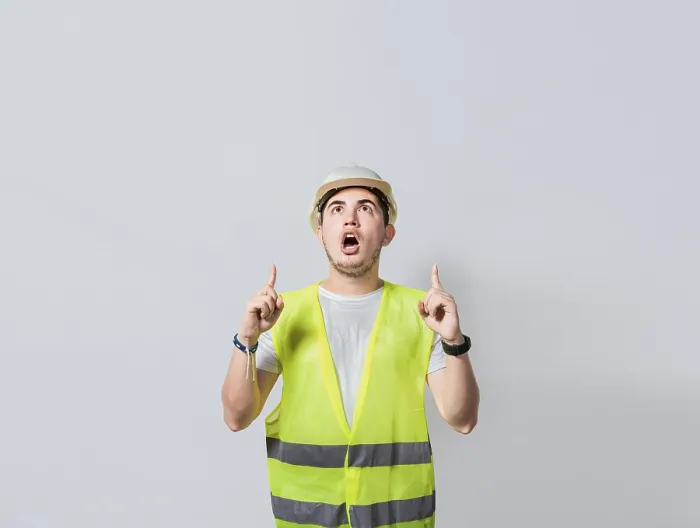 Framed Print : Amazed Engineer Pointing at Advertisement Print Framed Print : Amazed Engineer Pointing at Advertisement Print