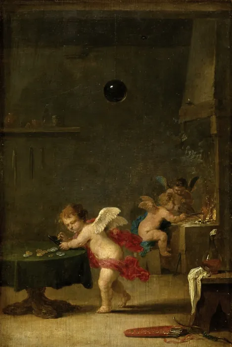 Framed Print : Amoretti in an Alchemist's Workshop Print (ca. 1635-1637)
