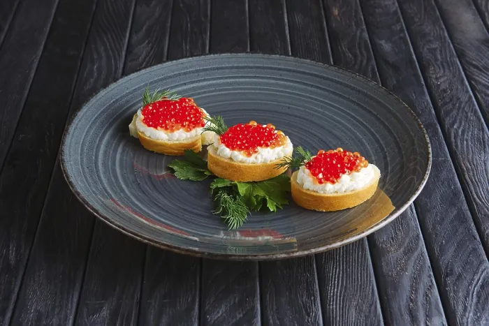 Framed Print : Baguette Appetizer Print with Ricotta and Salmon Caviar