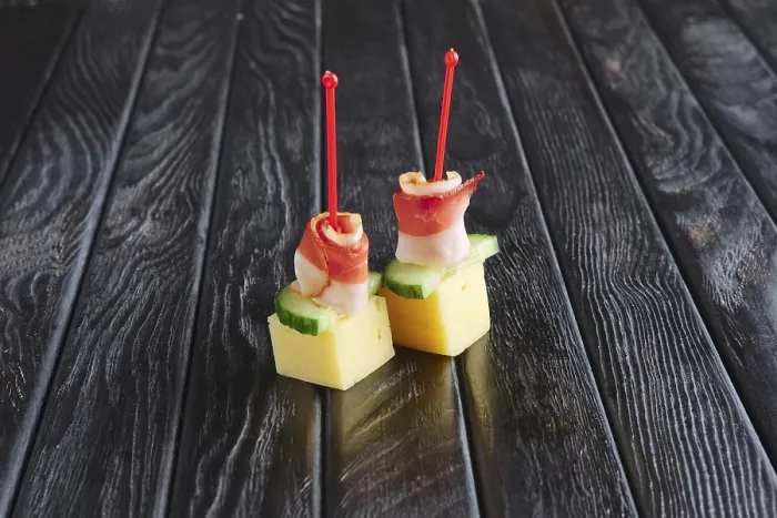 Framed Print : Cheese Appetizer Print: Skewered Cheese, Bacon and Cucumber Framed Print : Cheese Appetizer Print: Skewered Cheese, Bacon and Cucumber