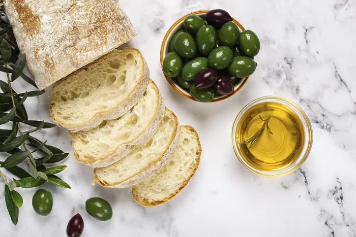 Framed Print : Appetizer Print, Sliced Ciabatta with Olives on Marble Framed Print : Appetizer Print, Sliced Ciabatta with Olives on Marble