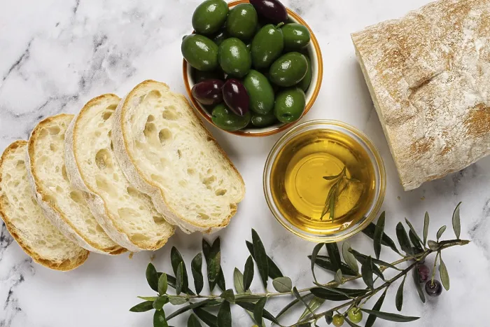 Framed Print : Appetizer Print: Sliced Ciabatta with Olives on Marble Framed Print : Appetizer Print: Sliced Ciabatta with Olives on Marble