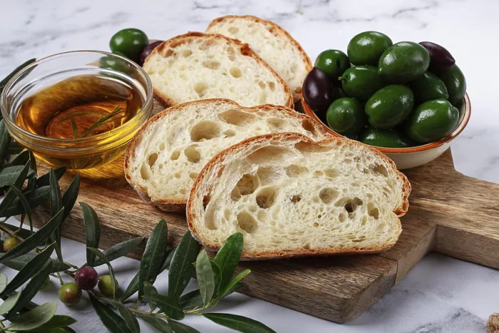 Framed Print : Appetizer Print: Sliced Ciabatta with Olives, Top View Framed Print : Appetizer Print: Sliced Ciabatta with Olives, Top View