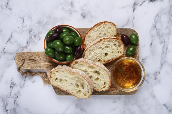 Framed Print : Ciabatta Bread Appetizer Print with Olives and Olive Oil Framed Print : Ciabatta Bread Appetizer Print with Olives and Olive Oil