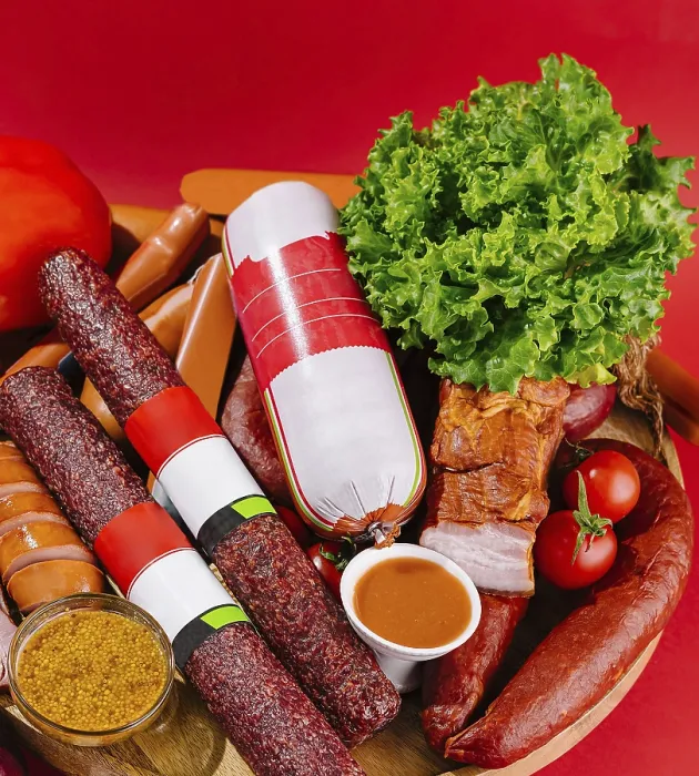 Framed Print : Sausage Print on Red Background
