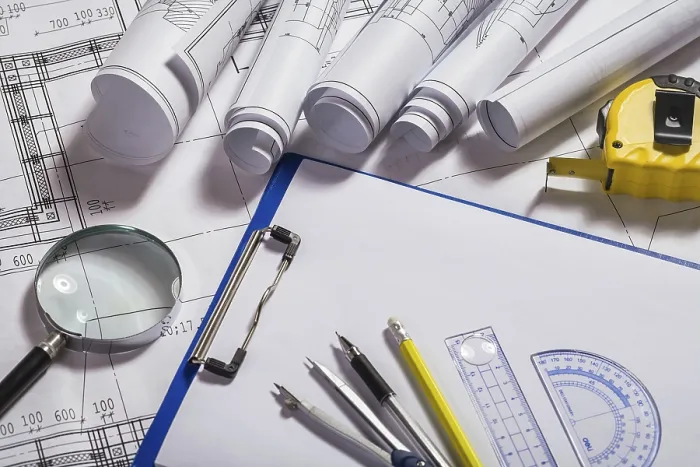 Framed Print : Architect Items on Blueprints Print Framed Print : Architect Items on Blueprints Print