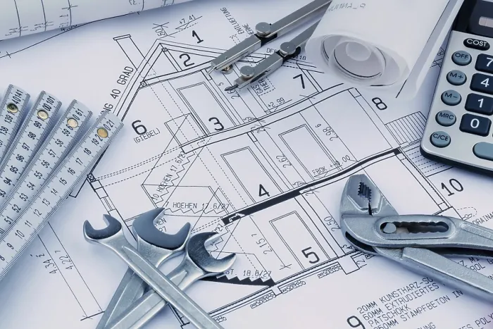 Framed Print : An Architect's Construction Plan Print with Calculator Framed Print : An Architect's Construction Plan Print with Calculator