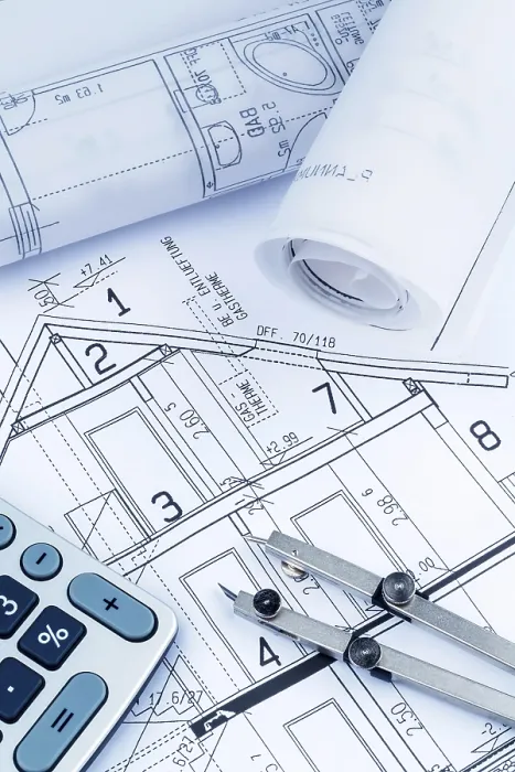 Framed Print : An Architect's Construction Plan with a Calculator Print Framed Print : An Architect's Construction Plan with a Calculator Print