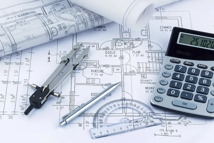 Framed Print : An Architect's Construction Plan Print with Calculator Framed Print : An Architect's Construction Plan Print with Calculator