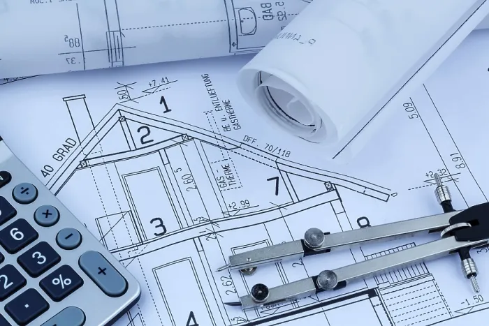 Framed Print : Architect's Construction Plan Print with Calculator, Austria Framed Print : Architect's Construction Plan Print with Calculator, Austria