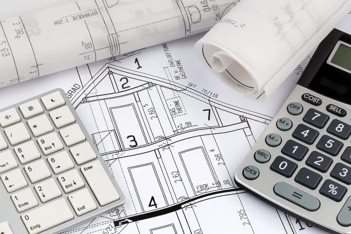 Framed Print : An Architect's Construction Plan Print with Calculator Framed Print : An Architect's Construction Plan Print with Calculator