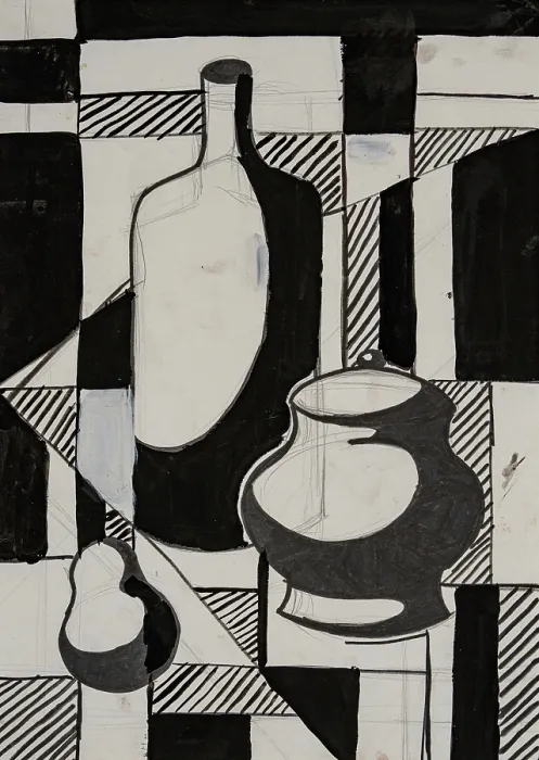 Framed Print : Abstract Composition Print: Bottle, Pot, and Pear in Black and White Framed Print : Abstract Composition Print: Bottle, Pot, and Pear in Black and White