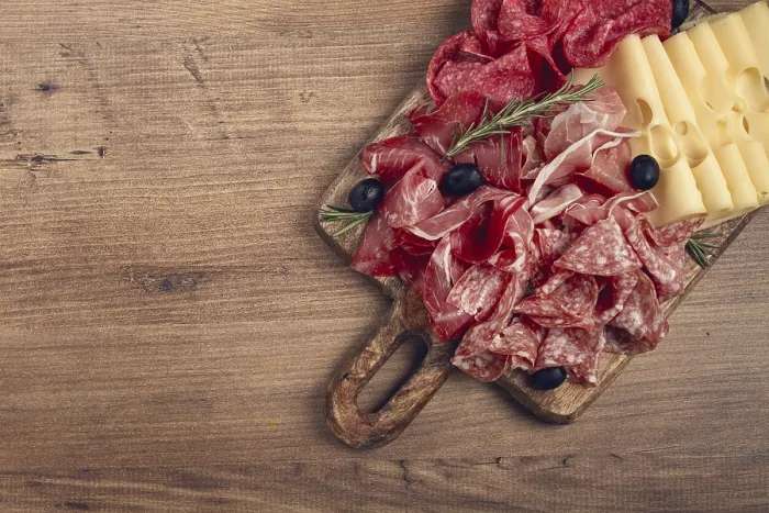 Framed Print : Assorted Meat and Cheese Print on Wooden Board Framed Print : Assorted Meat and Cheese Print on Wooden Board