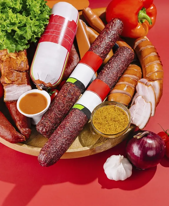 Framed Print : Sausage and Vegetable Print on Red Background Framed Print : Sausage and Vegetable Print on Red Background