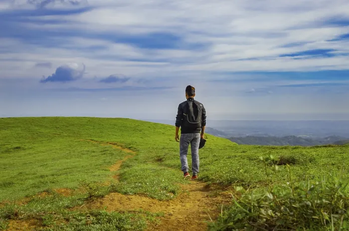 Framed Print : Backpacker Walking on a Beautiful Hill Print Framed Print : Backpacker Walking on a Beautiful Hill Print