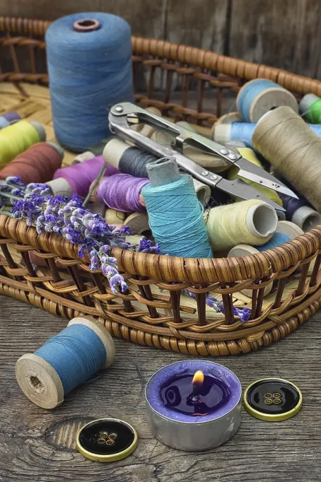 Framed Print : Basket with Spools of Thread and Fresh Lavender Print Framed Print : Basket with Spools of Thread and Fresh Lavender Print