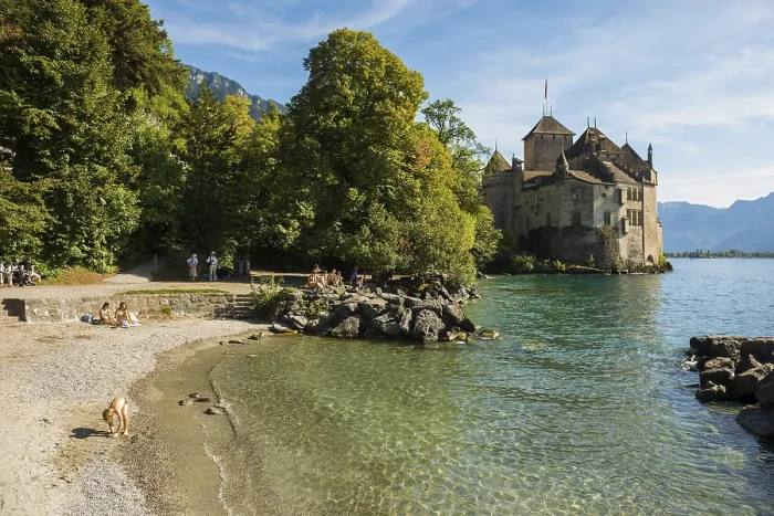 Framed Print : Chillon Castle Bathing Beach Print, Lake Geneva, Switzerland Framed Print : Chillon Castle Bathing Beach Print, Lake Geneva, Switzerland