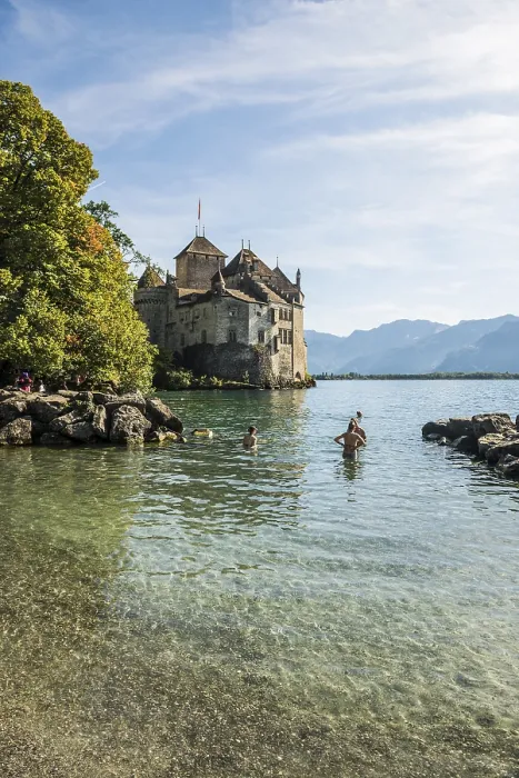 Framed Print : Chillon Castle Bathing Beach Print, Lac Leman, Switzerland Framed Print : Chillon Castle Bathing Beach Print, Lac Leman, Switzerland