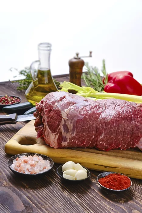 Framed Print : Beef Fillet Print with Vegetables on Kitchen Table Framed Print : Beef Fillet Print with Vegetables on Kitchen Table