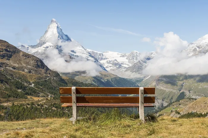 Framed Print : Bench with View Print, Snow-Covered Matterhorn