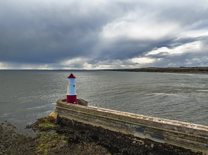 Framed Print : Berwick Pier and Lighthouse Drone Print, England Framed Print : Berwick Pier and Lighthouse Drone Print, England