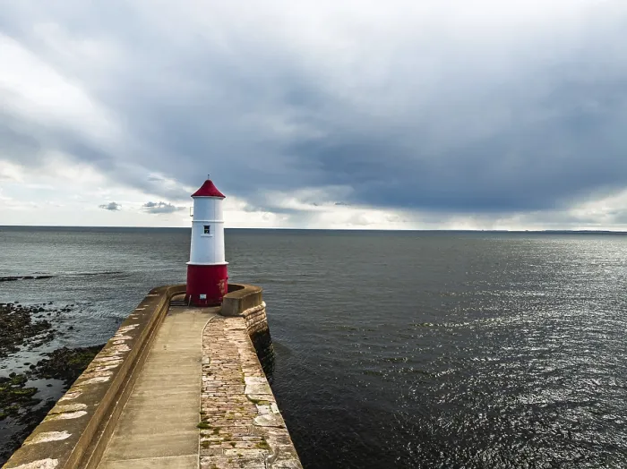 Framed Print : Berwick Pier and Lighthouse Drone Print, England, UK Framed Print : Berwick Pier and Lighthouse Drone Print, England, UK