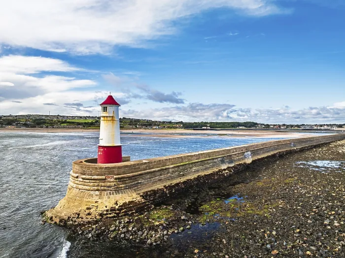 Framed Print : Berwick Pier and Lighthouse Drone Print, England, UK