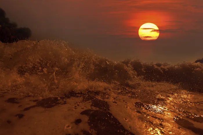 Framed Print : Big Wave Print at Sunset with Bubbles and Splashes