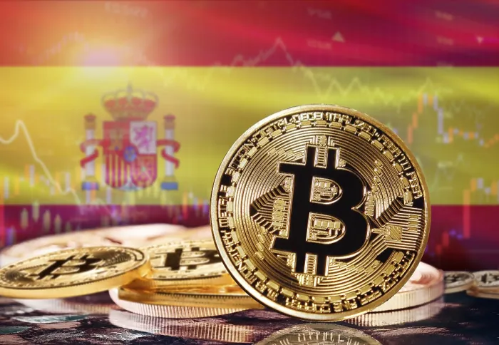 Framed Print : Bitcoin Print with Spain Flag Background Framed Print : Bitcoin Print with Spain Flag Background