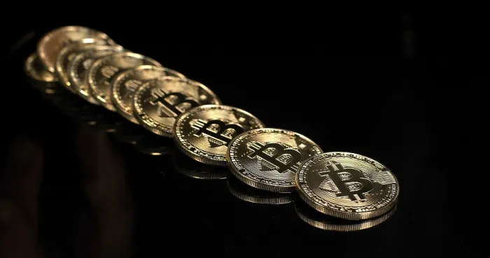 Framed Print : Bitcoins Print on Black Background Framed Print : Bitcoins Print on Black Background