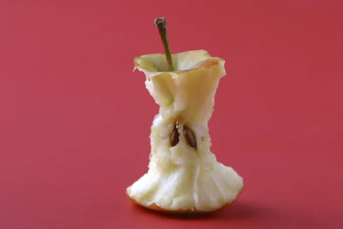Framed Print : Bitten Apple Print on Red Background