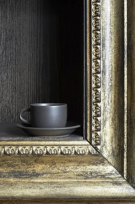 Framed Print : Black Cup on a Shelf Print in Ornate Frame
