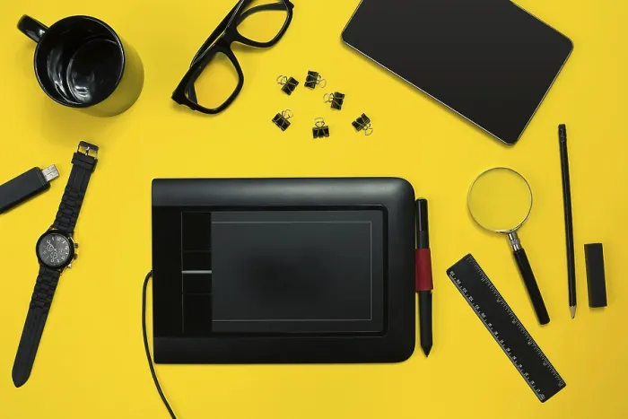 Framed Print : Black Office Objects on Yellow Background Print Framed Print : Black Office Objects on Yellow Background Print